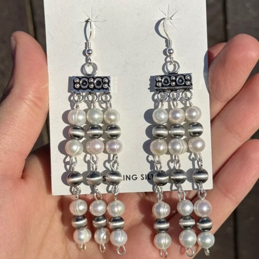 Sterling Silver Freshwater Pearls Rosary Bead Dangle Earrings. 3.5 Inch